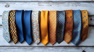 Luxury silk ties featuring geometric and floral patterns in navy blue, yellow, and orange, arranged parallel on white wooden surface with detailed fabric textures. formal photo