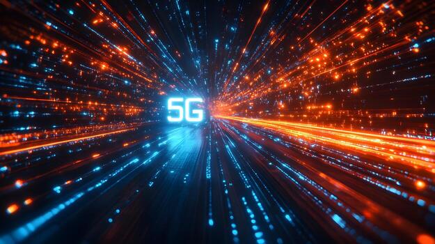 Futuristic neon 5G text floating in cyberspace with blue and orange light trails, depicting high-speed data streams and network connectivity in dark setting. internet photo