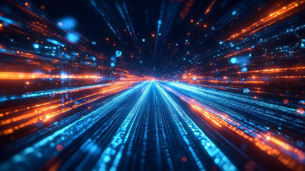 Futuristic neon 5G text floating in cyberspace with blue and orange light trails, depicting high-speed data streams and network connectivity in dark setting. neon photo