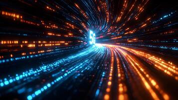 Futuristic neon 5G text floating in cyberspace with blue and orange light trails, depicting high-speed data streams and network connectivity in dark setting. cyberspace photo