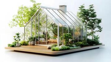 Three dimensional modern sunroom design featuring glass greenhouse structure, tiny plants, wooden deck, and minimalist garden layout in white color scheme photo