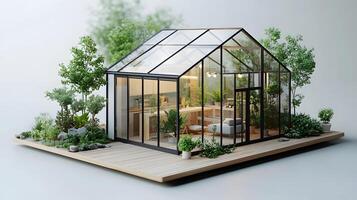 Three-dimensional modern sunroom design featuring glass greenhouse structure, tiny plants, wooden deck, and minimalist garden layout in white color scheme. architectural photo