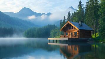Panoramic view of luxurious wooden cabin with deck overlooking lake, surrounded by evergreen forest and misty mountains in serene morning atmosphere. dwelling photo