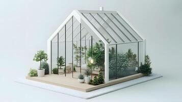 Three dimensional modern sunroom design featuring glass greenhouse structure, tiny plants, wooden deck, and minimalist garden layout in white color scheme. natural photo