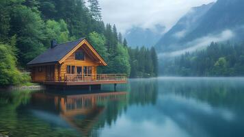 Panoramic view of luxurious wooden cabin with deck overlooking lake, surrounded by evergreen forest and misty mountains in serene morning atmosphere. misty photo