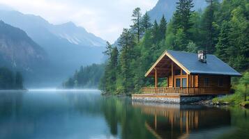 Panoramic view of luxurious wooden cabin with deck overlooking lake, surrounded by evergreen forest and misty mountains in serene morning atmosphere. serene photo