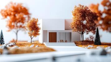 Miniature modern house with white exterior and wooden door, surrounded by autumn trees with orange leaves and evergreen pines in isometric diorama style. door photo