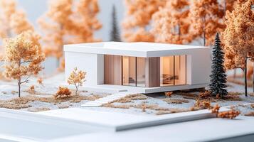 Miniature modern house with white exterior and wooden door, surrounded by autumn trees with orange leaves and evergreen pines in isometric diorama style. trees photo