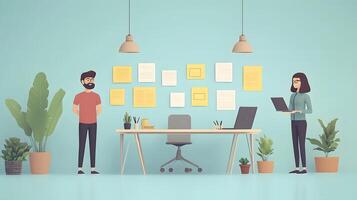 Flat design illustration of office workers managing projects, featuring sticky notes, desk, laptop, pendant lamp, and plants in pastel color workspace. workspace photo