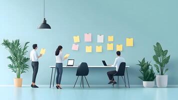 Flat design illustration of office workers managing projects, featuring sticky notes, desk, laptop, pendant lamp, and plants in pastel color workspace. design photo