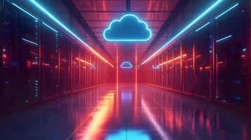 Futuristic data center corridor featuring neon cloud icon, server racks, blue LED lighting, and symmetrical perspective with glossy floor reflections. hardware photo