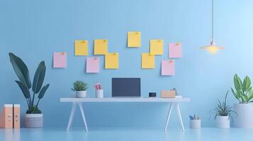 Flat design illustration of office workers managing projects, featuring sticky notes, desk, laptop, pendant lamp, and plants in pastel color workspace. efficiency photo