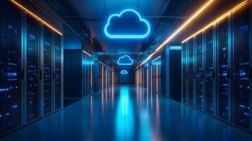 Futuristic data center corridor featuring neon cloud icon, server racks, blue LED lighting, and symmetrical perspective with glossy floor reflections. installation photo