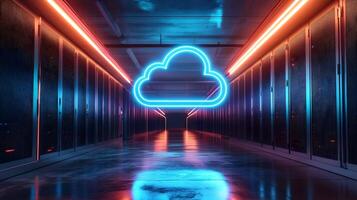 Futuristic data center corridor featuring neon cloud icon, server racks, blue LED lighting, and symmetrical perspective with glossy floor reflections. center photo