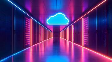 Futuristic data center corridor featuring neon cloud icon, server racks, blue LED lighting, and symmetrical perspective with glossy floor reflections. corridor photo