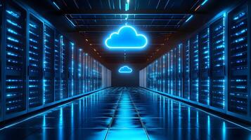 Futuristic data center corridor featuring neon cloud icon, server racks, blue LED lighting, and symmetrical perspective with glossy floor reflections. server photo