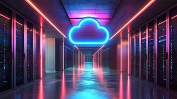 Futuristic data center corridor featuring neon cloud icon, server racks, blue LED lighting, and symmetrical perspective with glossy floor reflections. cloud photo