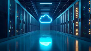 Futuristic data center corridor featuring neon cloud icon, server racks, blue LED lighting, and symmetrical perspective with glossy floor reflections. racks photo