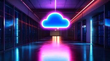 Futuristic data center corridor featuring neon cloud icon, server racks, blue LED lighting, and symmetrical perspective with glossy floor reflections. LED photo