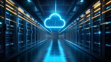 Futuristic data center corridor featuring neon cloud icon, server racks, blue LED lighting, and symmetrical perspective with glossy floor reflections. symmetrical photo