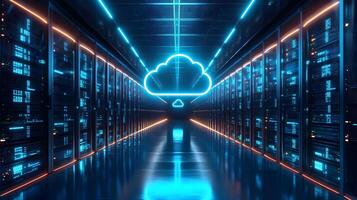 Futuristic data center corridor featuring neon cloud icon, server racks, blue LED lighting, and symmetrical perspective with glossy floor reflections. perspective photo