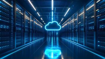 Futuristic data center corridor featuring neon cloud icon, server racks, blue LED lighting, and symmetrical perspective with glossy floor reflections. glossy photo