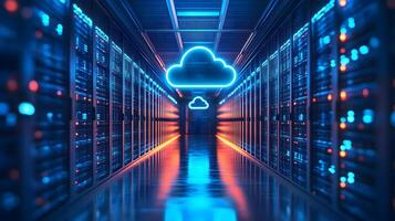 Futuristic data center corridor featuring neon cloud icon, server racks, blue LED lighting, and symmetrical perspective with glossy floor reflections. floor photo