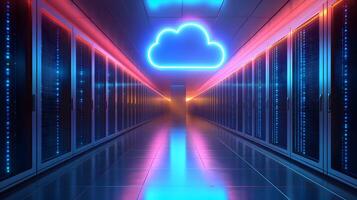Futuristic data center corridor featuring neon cloud icon, server racks, blue LED lighting, and symmetrical perspective with glossy floor reflections. reflections photo