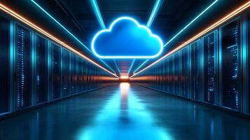 Futuristic data center corridor featuring neon cloud icon, server racks, blue LED lighting, and symmetrical perspective with glossy floor reflections. futuristic photo