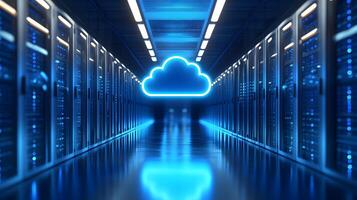 Futuristic data center corridor featuring neon cloud icon, server racks, blue LED lighting, and symmetrical perspective with glossy floor reflections. digital photo
