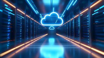 Futuristic data center corridor featuring neon cloud icon, server racks, blue LED lighting, and symmetrical perspective with glossy floor reflections. computing photo