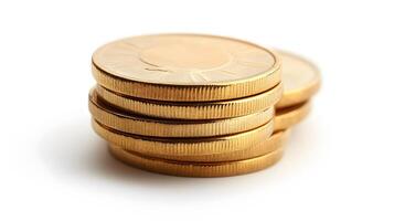 Professional product photography of ascending stacked gold coins showing detailed metallic currency texture and financial wealth concept on white background. currency photo