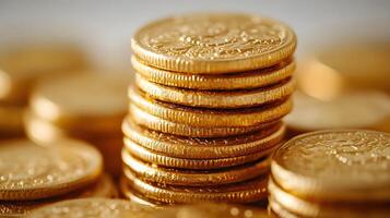 Professional product photography of ascending stacked gold coins showing detailed metallic currency texture and financial wealth concept on white background. value photo