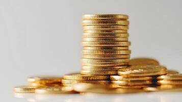Professional product photography of ascending stacked gold coins showing detailed metallic currency texture and financial wealth concept on white background. precious photo