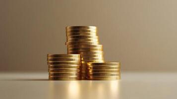Professional product photography of ascending stacked gold coins showing detailed metallic currency texture and financial wealth concept on white background. affluence photo