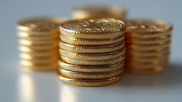 Professional product photography of ascending stacked gold coins showing detailed metallic currency texture and financial wealth concept on white background. prosperity photo