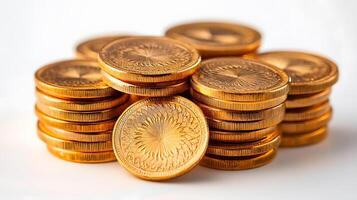 Professional product photography of ascending stacked gold coins showing detailed metallic currency texture and financial wealth concept on white background. abundance photo