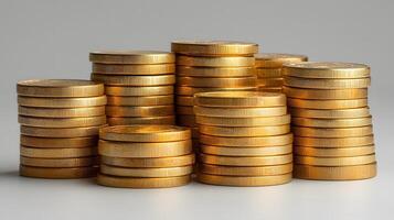 Professional product photography of ascending stacked gold coins showing detailed metallic currency texture and financial wealth concept on white background. accomplishment photo