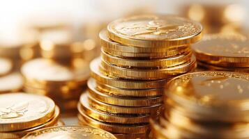 Professional product photography of ascending stacked gold coins showing detailed metallic currency texture and financial wealth concept on white background. stacked photo