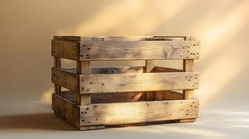 Studio photography of wooden crate box displaying detailed grain texture and cross-braced construction design, isolated on beige background with soft shadows. texture photo