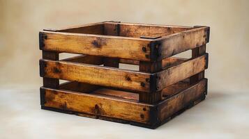 Studio photography of wooden crate box displaying detailed grain texture and cross-braced construction design, isolated on beige background with soft shadows. design photo