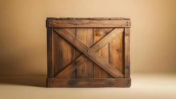 Studio photography of wooden crate box displaying detailed grain texture and cross-braced construction design, isolated on beige background with soft shadows. box photo