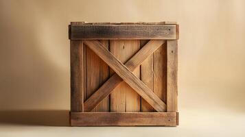 Studio photography of wooden crate box displaying detailed grain texture and cross-braced construction design, isolated on beige background with soft shadows. studio photo