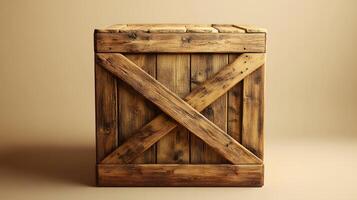 Studio photography of wooden crate box displaying detailed grain texture and cross-braced construction design, isolated on beige background with soft shadows. construction photo