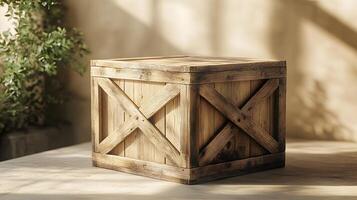 Studio photography of wooden crate box displaying detailed grain texture and cross-braced construction design, isolated on beige background with soft shadows. photography photo