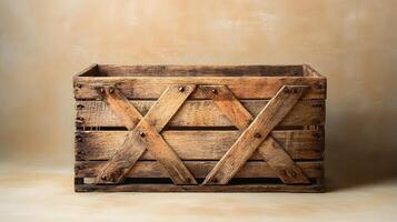Studio photography of wooden crate box displaying detailed grain texture and cross-braced construction design, isolated on beige background with soft shadows. crossbraced photo