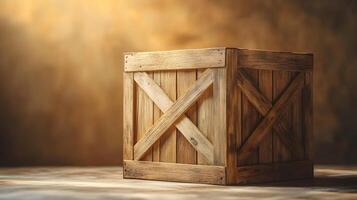 Studio photography of wooden crate box displaying detailed grain texture and cross-braced construction design, isolated on beige background with soft shadows. shipping photo