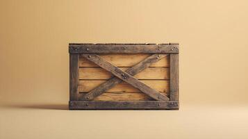 Studio photography of wooden crate box displaying detailed grain texture and cross-braced construction design, isolated on beige background with soft shadows. transport photo