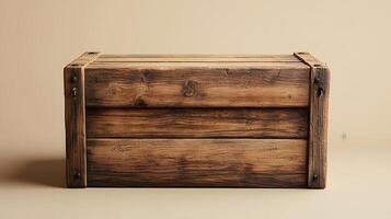 Studio photography of wooden crate box displaying detailed grain texture and cross-braced construction design, isolated on beige background with soft shadows. organic photo