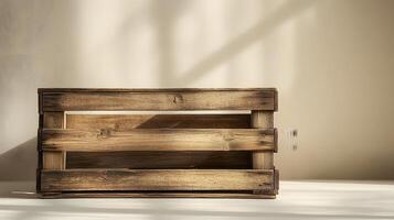 Studio photography of wooden crate box displaying detailed grain texture and cross-braced construction design, isolated on beige background with soft shadows. rustic photo